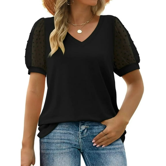 MOSHU Summer Womens Tops Dressy V Neck Blouses for Women Swiss Dot Puff Sleeve Shirts