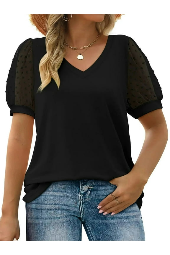 Summer Womens Tops Dressy V Neck Blouses for Women Swiss Dot Puff Sleeve Shirts