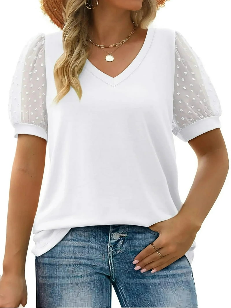 MOSHU Women's Swiss Dot Puff Sleeve V-Neck Blouse for Summer