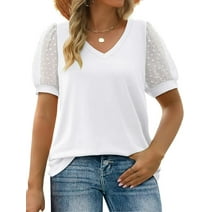 MOSHU Summer Womens Tops Dressy V Neck Blouses for Women Swiss Dot Puff Sleeve Shirts