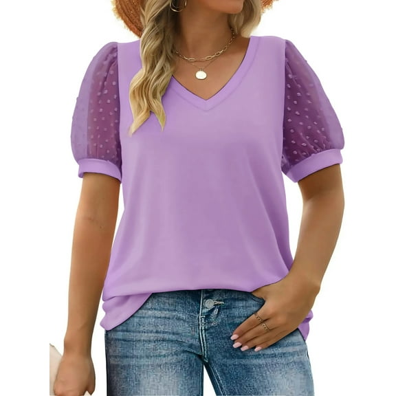 MOSHU Summer Womens Tops Dressy V Neck Blouses for Women Swiss Dot Puff Sleeve Shirts