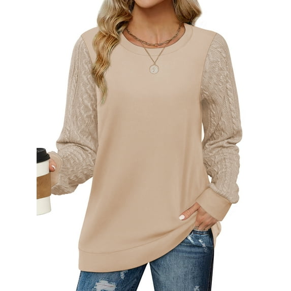 MOSHU Sweatshirts for Women Crewneck Cable Knit Sleeve Shirts Lightweight Fashion Womens Tops Fall Sweaters
