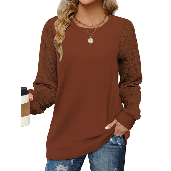 MOSHU Sweatshirts for Women Crewneck Cable Knit Sleeve Shirts Lightweight Fashion Womens Tops Fall Sweaters