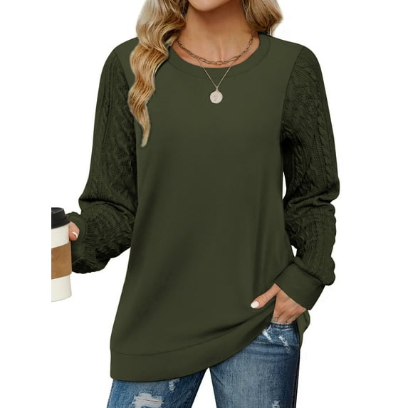 MOSHU Sweatshirts for Women Crewneck Cable Knit Sleeve Shirts Lightweight Fashion Womens Tops Fall Sweaters