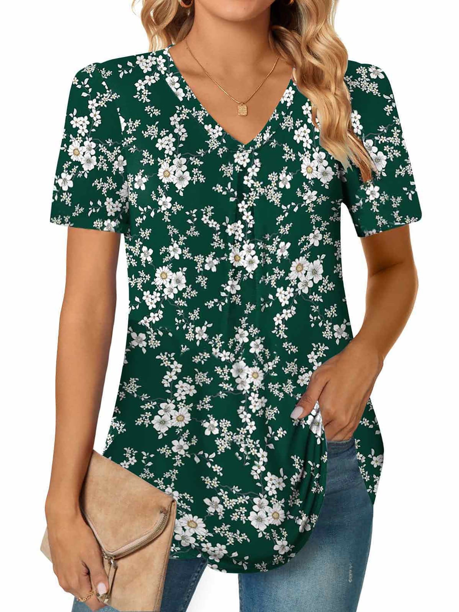 MOSHU V-Neck Women's T-Shirts with Petal Sleeve Tunic Tops