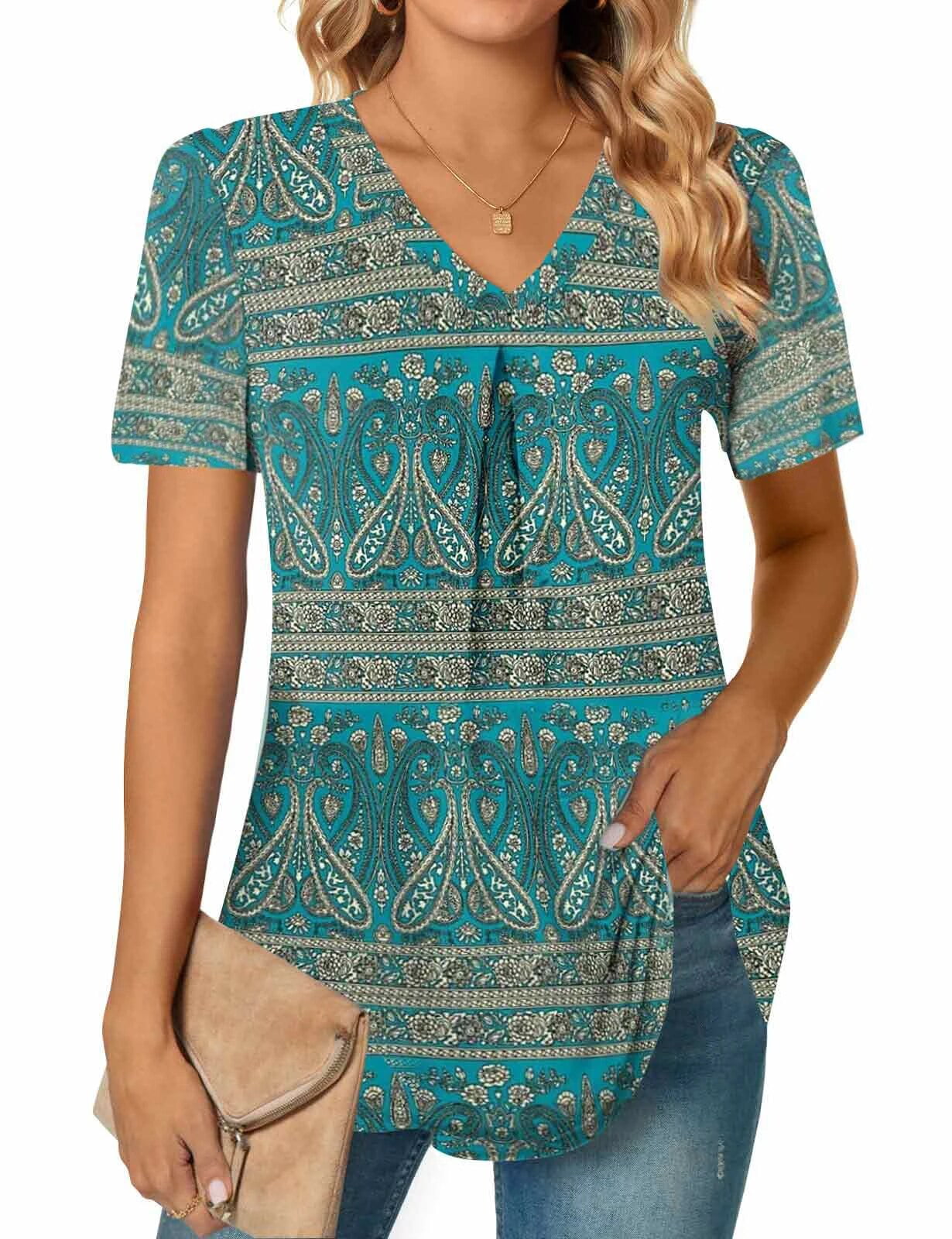 MOSHU T-shirts for Women Pleated Printed Short Sleeve Tunice Tops V Neck Summer Womens Shirts
