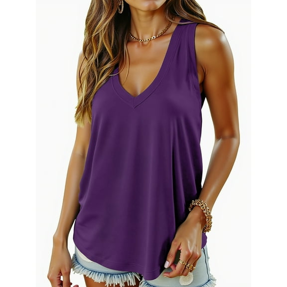 MOSHU Tank Tops for Women Flowy Deep V Neck Women Shirts Loose Fit Summer Sleeveless Tops