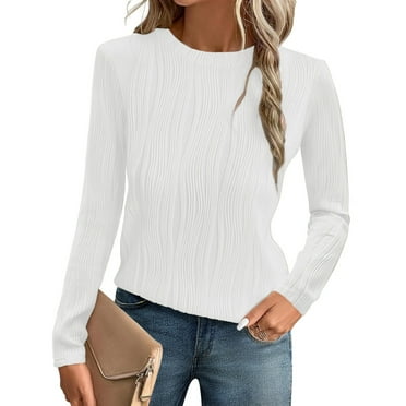 MOSHU Textured Blouses for Women Crewneck Dressy Womens Tops Casual Long Sleeve Fall Shirts