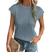MOSHU Textured Womens Tops Casual Crewneck Basic Tee Shirts Cap Sleeve Summer Blouses