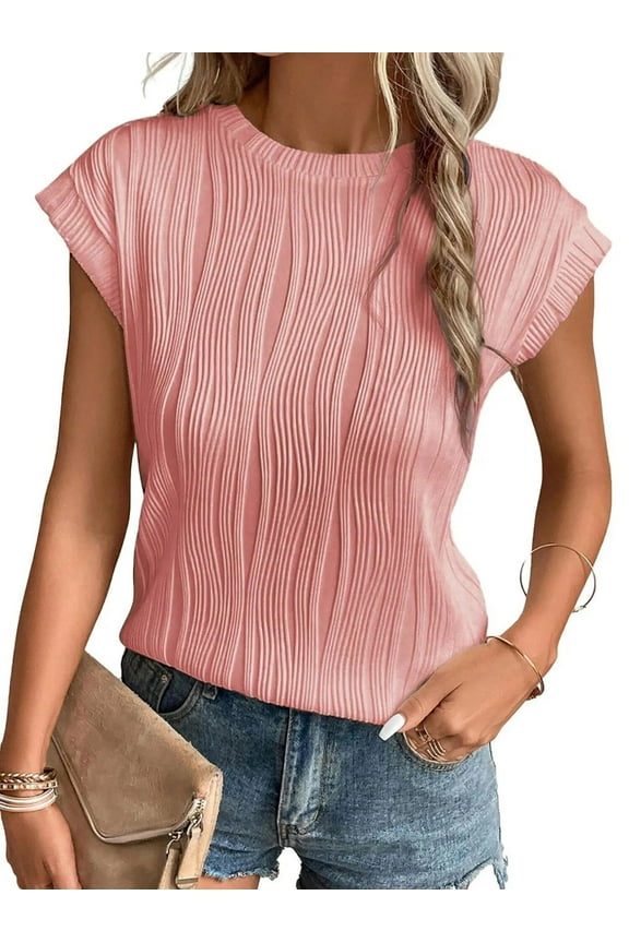 Textured Womens Tops Casual Crewneck Basic Tee Shirts Cap Sleeve Summer Blouses