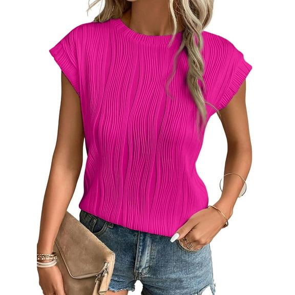 MOSHU Textured Womens Tops Casual Crewneck Basic Tee Shirts Cap Sleeve Summer Blouses