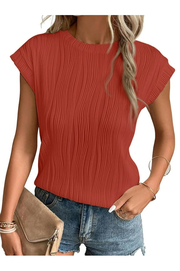 Textured Womens Tops Casual Crewneck Basic Tee Shirts Cap Sleeve Summer Blouses
