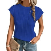 MOSHU Textured Womens Tops Casual Crewneck Basic Tee Shirts Cap Sleeve Summer Blouses