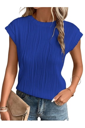 Textured Womens Tops Casual Crewneck Basic Tee Shirts Cap Sleeve Summer Blouses