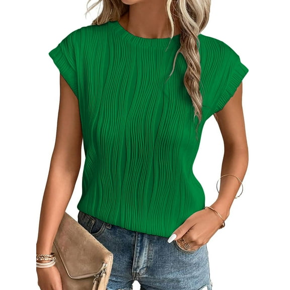 MOSHU Textured Womens Tops Casual Crewneck Basic Tee Shirts Cap Sleeve Summer Blouses