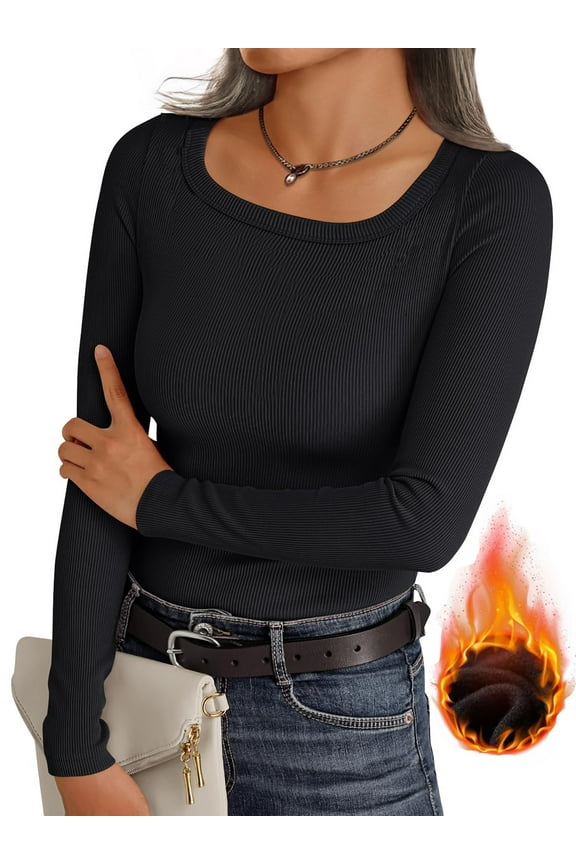 Thermal Tops for Women Scoop Neck Slim Fit Basic Top Ribbed Thermal Undershirts Layering Tee Womens Long Sleeve Shirts