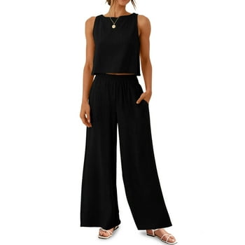 MOSHU Two Piece Lounge Sets for Women Loose Fit Tank Tops and Wide Leg Pants with Pockets Solid Summer Sets