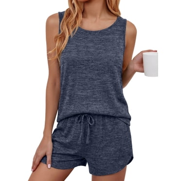 MOSHU Two Piece Lounge Sets for Women Solid Tank Tops and Knot Front Shorts Pajama Sets Drawstring Loungewear
