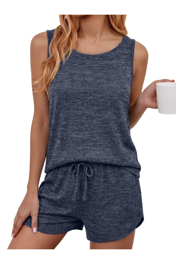 Two Piece Lounge Sets for Women Solid Tank Tops and Knot Front Shorts Pajama Sets Drawstring Loungewear