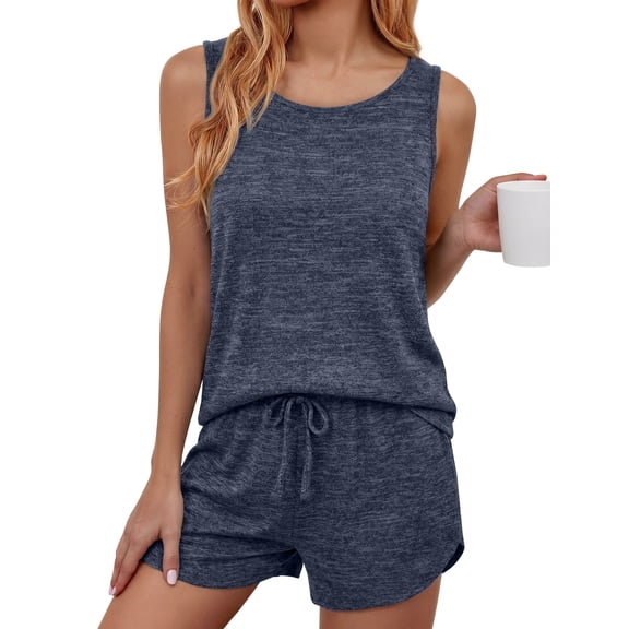 MOSHU Two Piece Lounge Sets for Women Solid Tank Tops and Knot Front Shorts Pajama Sets Drawstring Loungewear