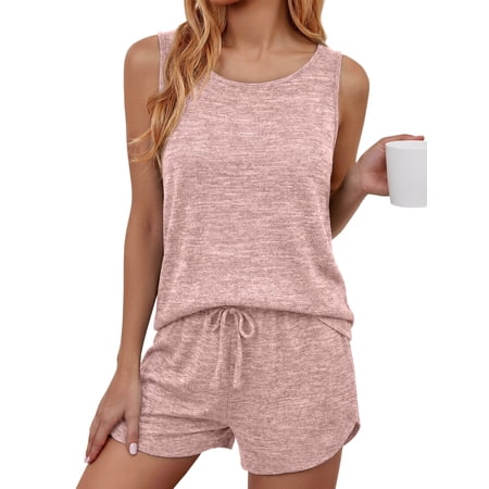 MOSHU Two Piece Lounge Sets for Women Solid Tank Tops and Knot Front Shorts Pajama Sets Drawstring Loungewear