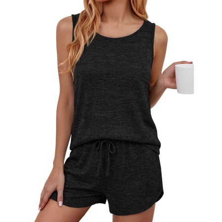 MOSHU Two Piece Lounge Sets for Women Solid Tank Tops and Knot Front Shorts Pajama Sets Drawstring Loungewear