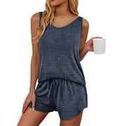 MOSHU Two Piece Lounge Sets for Women Solid Tank Tops and Knot Front Shorts Pajama Sets Drawstring Loungewear