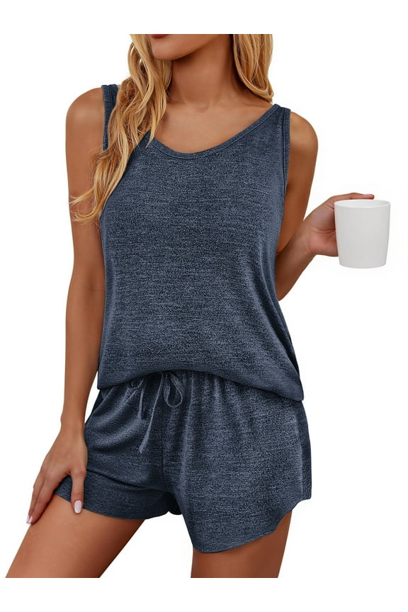 Two Piece Lounge Sets for Women Solid Tank Tops and Knot Front Shorts Pajama Sets Drawstring Loungewear
