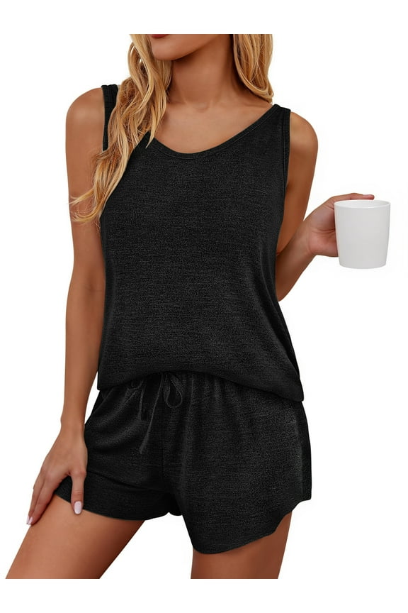 Two Piece Lounge Sets for Women Solid Tank Tops and Knot Front Shorts Pajama Sets Drawstring Loungewear