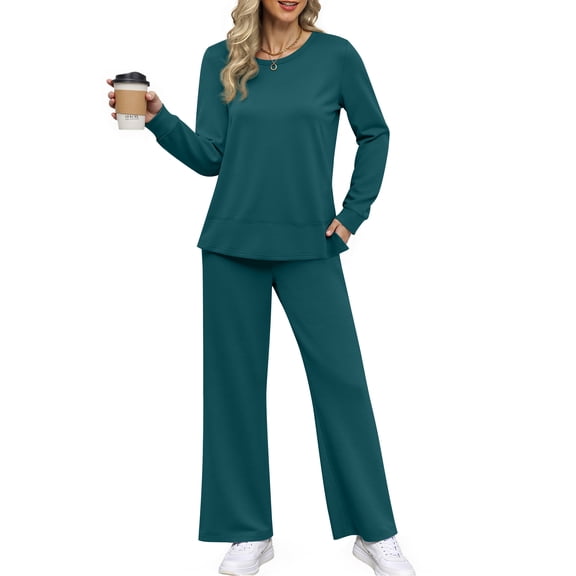 MOSHU Two Piece Sets for Women Casual Fall Outfits Sets Slit Side Stiching Tops and Wide Leg Pants with Pockets Trendy Cozy Tracksuits