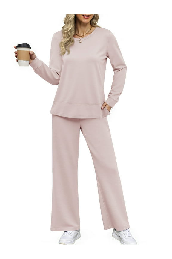 Two Piece Sets for Women Casual Fall Outfits Sets Slit Side Stiching Tops and Wide Leg Pants with Pockets Trendy Cozy Tracksuits