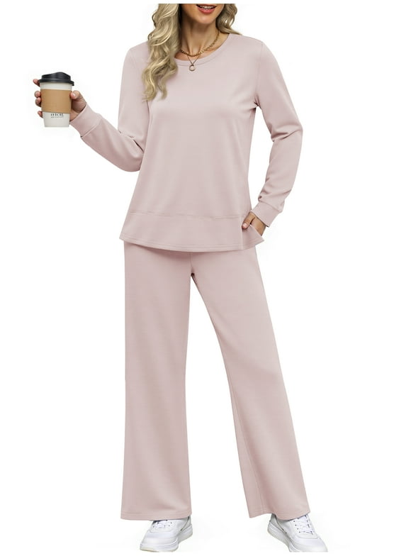 Two Piece Sets for Women Casual Fall Outfits Sets Slit Side Stiching Tops and Wide Leg Pants with Pockets Trendy Cozy Tracksuits