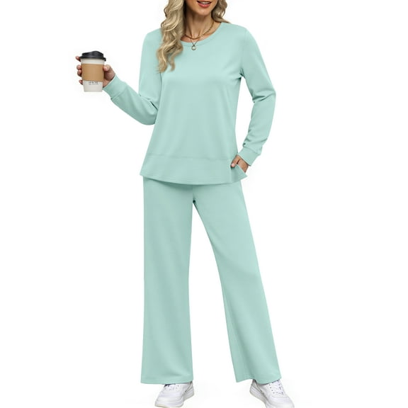 MOSHU Two Piece Sets for Women Casual Fall Outfits Sets Slit Side Stiching Tops and Wide Leg Pants with Pockets Trendy Cozy Tracksuits