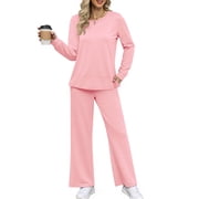 MOSHU Two Piece Sets for Women Casual Fall Outfits Sets Slit Side Stiching Tops and Wide Leg Pants with Pockets Trendy Cozy Tracksuits