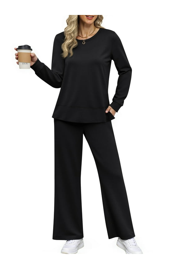Two Piece Sets for Women Casual Fall Outfits Sets Slit Side Stiching Tops and Wide Leg Pants with Pockets Trendy Cozy Tracksuits