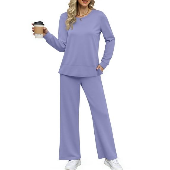 MOSHU Two Piece Sets for Women Casual Fall Outfits Sets Slit Side Stiching Tops and Wide Leg Pants with Pockets Trendy Cozy Tracksuits