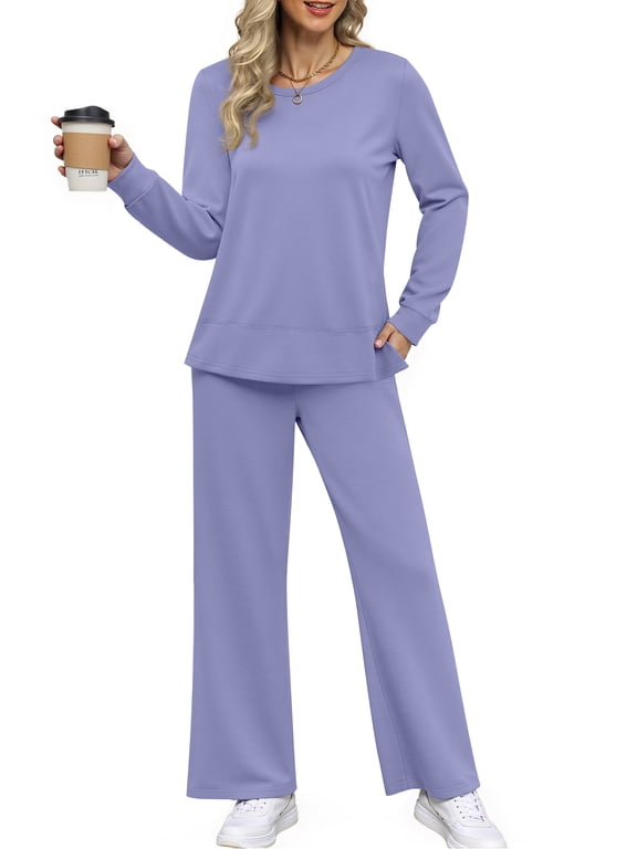 Two Piece Sets for Women Casual Fall Outfits Sets Slit Side Stiching Tops and Wide Leg Pants with Pockets Trendy Cozy Tracksuits