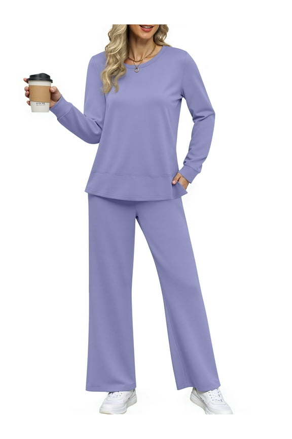 Two Piece Sets for Women Casual Fall Outfits Sets Slit Side Stiching Tops and Wide Leg Pants with Pockets Trendy Cozy Tracksuits