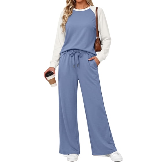 MOSHU Two Piece Sets for Women Casual Fall Travel Vacation Outfits Color Block Long Sleeve Tops and Drawstring Wide Leg Pants with Pokets Lounge Sets