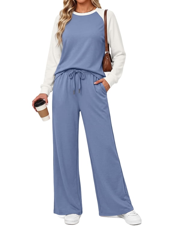 Two Piece Sets for Women Casual Fall Travel Vacation Outfits Color Block Long Sleeve Tops and Drawstring Wide Leg Pants with Pokets Lounge Sets