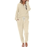 MOSHU Two Piece Womens Pajama Sets Button Down Shirts and Drawstring Pants with Pockets Solid Lounge Sets for Women