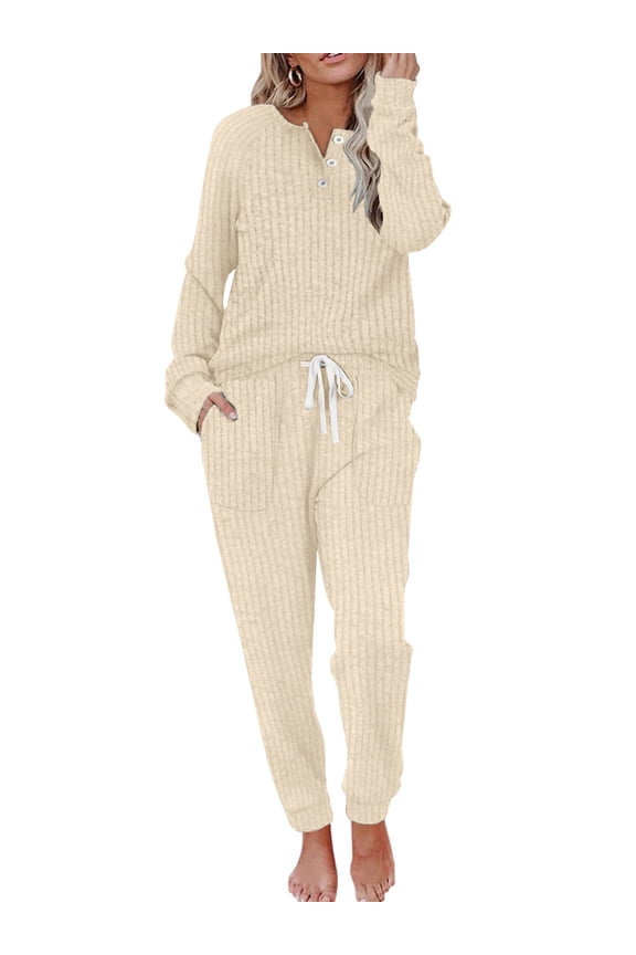 Two Piece Womens Pajama Sets Button Down Shirts and Drawstring Pants with Pockets Solid Lounge Sets for Women