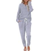 MOSHU Two Piece Womens Pajama Sets Button Down Shirts and Drawstring Pants with Pockets Solid Lounge Sets for Women