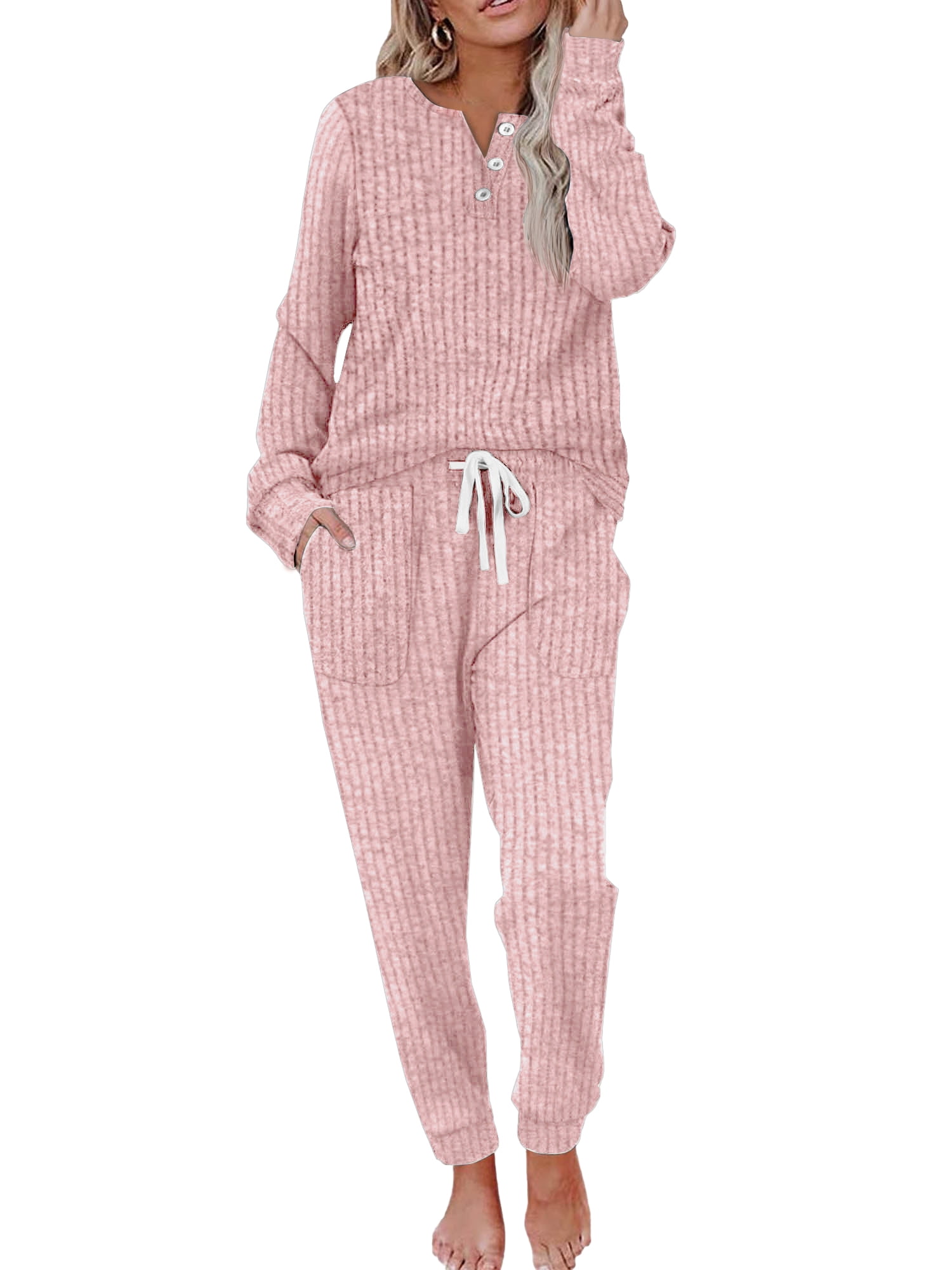 MOSHU Womens Two-Piece Pajama Sets, Button-Down Shirt, Drawstring