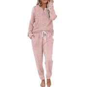 MOSHU Two Piece Womens Pajama Sets Button Down Shirts and Drawstring Pants with Pockets Solid Lounge Sets for Women