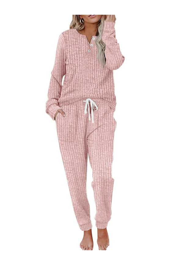 Two Piece Womens Pajama Sets Button Down Shirts and Drawstring Pants with Pockets Solid Lounge Sets for Women