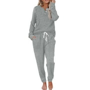 MOSHU Two Piece Womens Pajama Sets Button Down Shirts and Drawstring Pants with Pockets Solid Lounge Sets for Women
