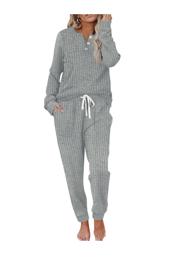 Two Piece Womens Pajama Sets Button Down Shirts and Drawstring Pants with Pockets Solid Lounge Sets for Women