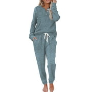 MOSHU Two Piece Womens Pajama Sets Button Down Shirts and Drawstring Pants with Pockets Solid Lounge Sets for Women