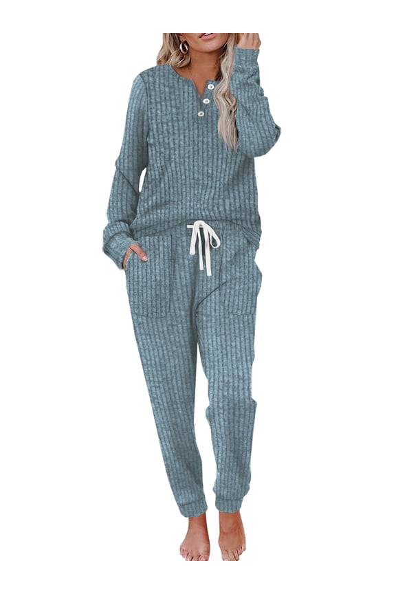 Two Piece Womens Pajama Sets Button Down Shirts and Drawstring Pants with Pockets Solid Lounge Sets for Women